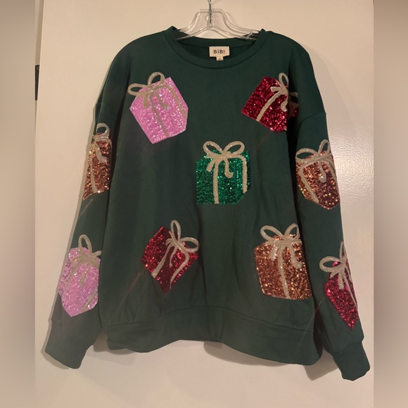 BiBi Sweaters - BiBi Festive Green Sweater with Sequin Gift Motifs